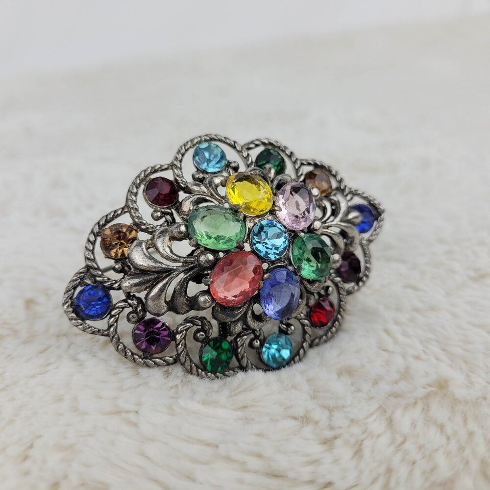 1940's Multi-Colored Large Open Back Rhinestone B… - image 1